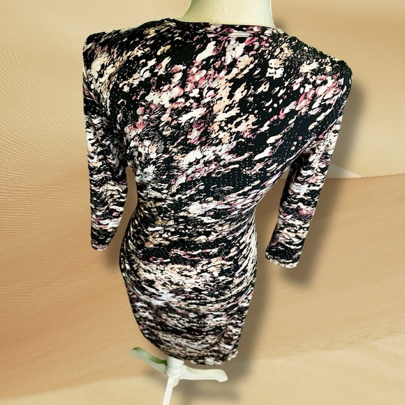 Calvin Klein Black & Pink Abstract Print Pleated Cinched Waist Jersey Knit Dress - Picture 9 of 13